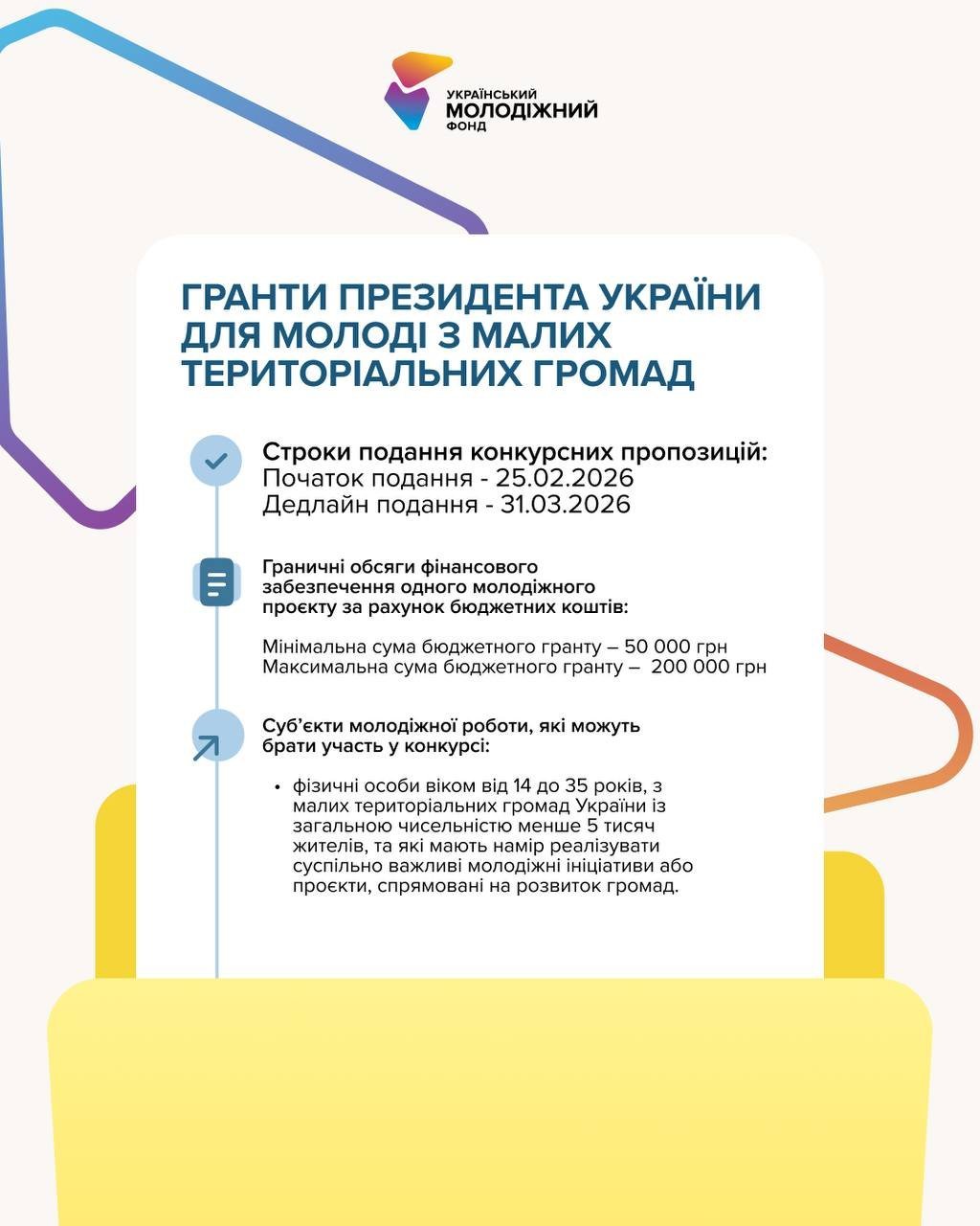 Молодь із малих громад може отримати до 200 тис грн: стартував прийом заявок на гранти Президента