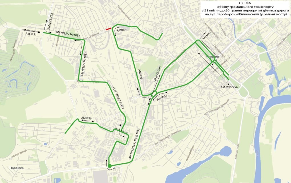 У Чернігові змінили маршрути транспорту через перекриття дороги